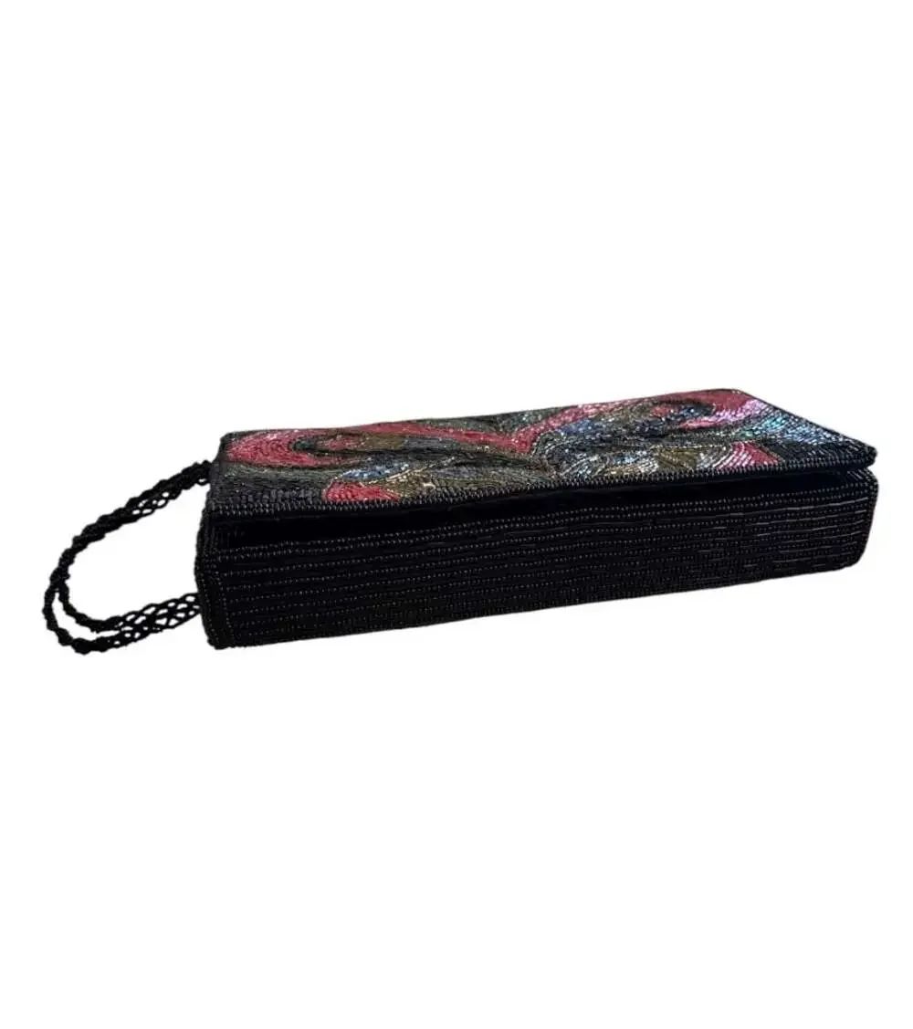 Vintage Hand-Beaded Multi-Color Floral Pattern Evening Clutch with Braided Strap